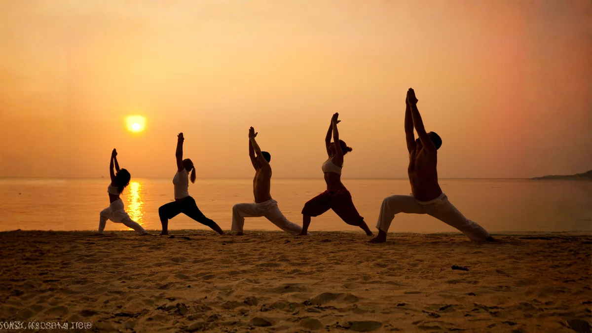 Sunset yoga on the sand in front of Cape Beach Villa, Koh Samui